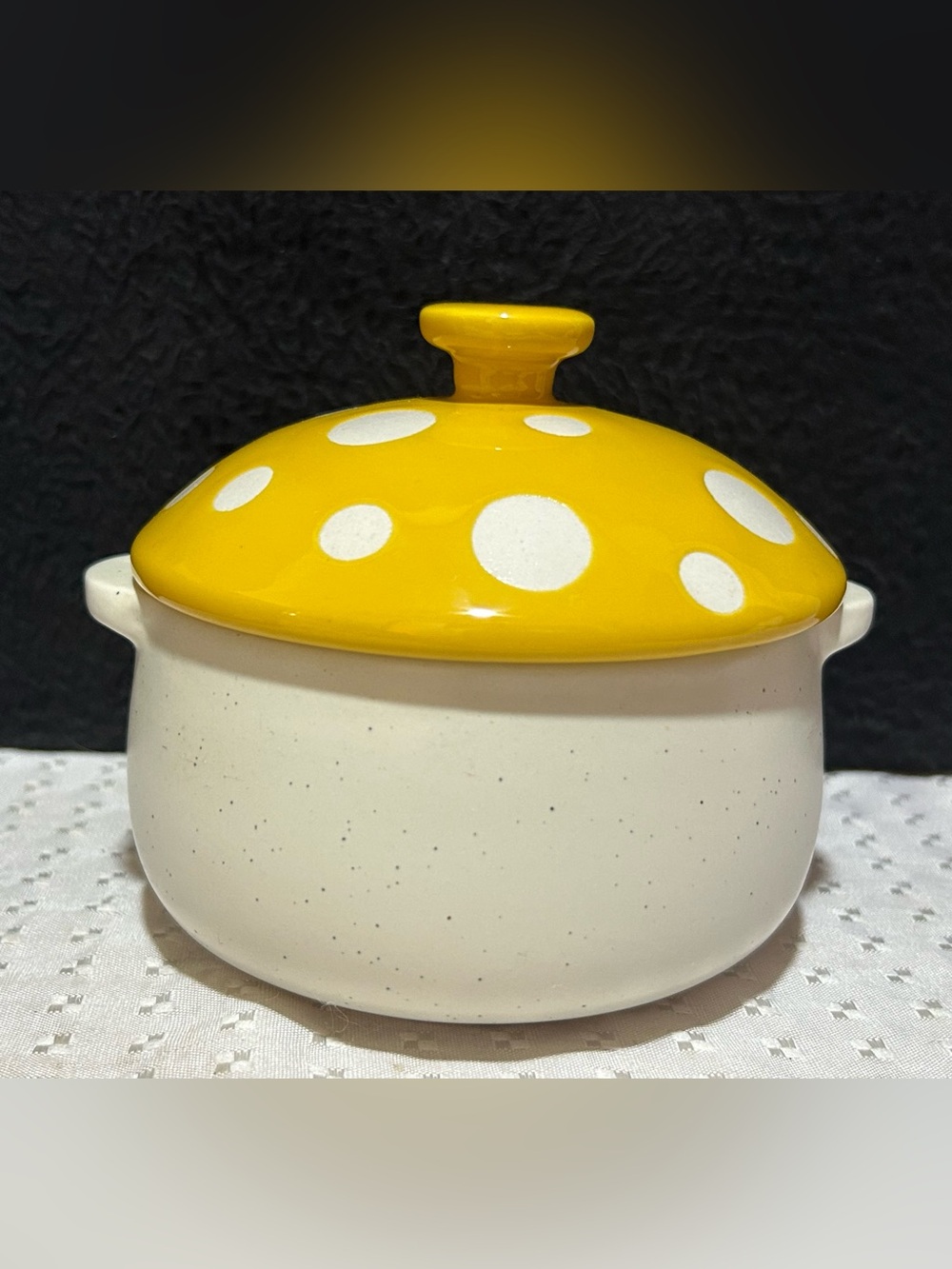 World Market Ceramic Mushroom Jar/Canister Speckled Body Yellow Lid 4”